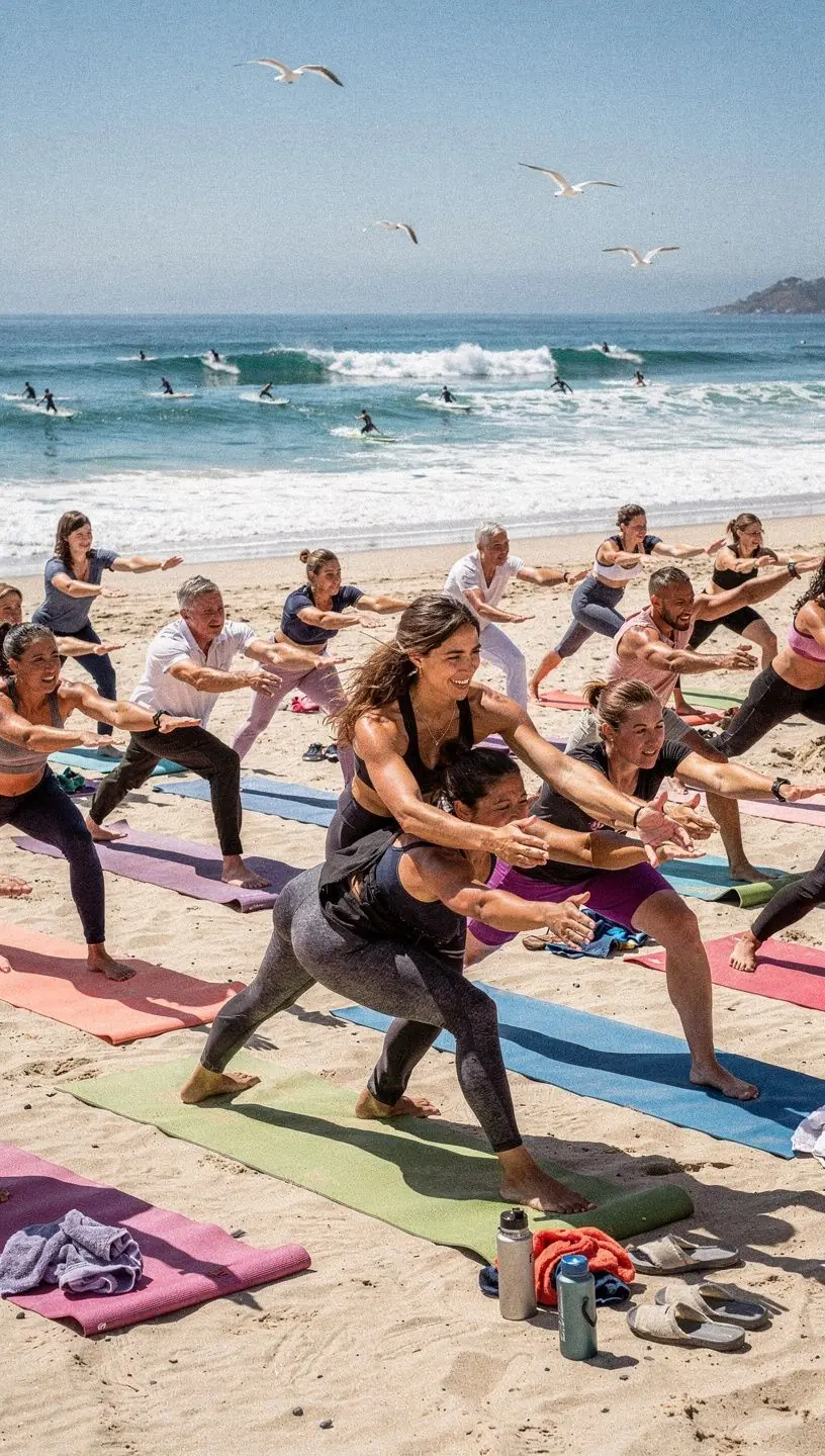 Un instructor de yoga guiando a sus alumnos en una postura que mejora la fuerza de las piernas y la estabilidad.
