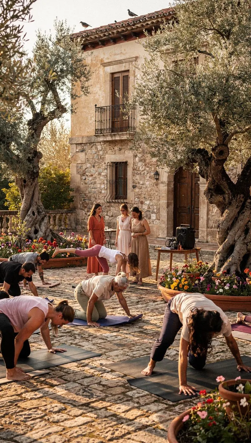 Un grupo de personas practicando yoga en una clase al aire libre, enfocándose en ejercicios para la parte inferior del cuerpo.