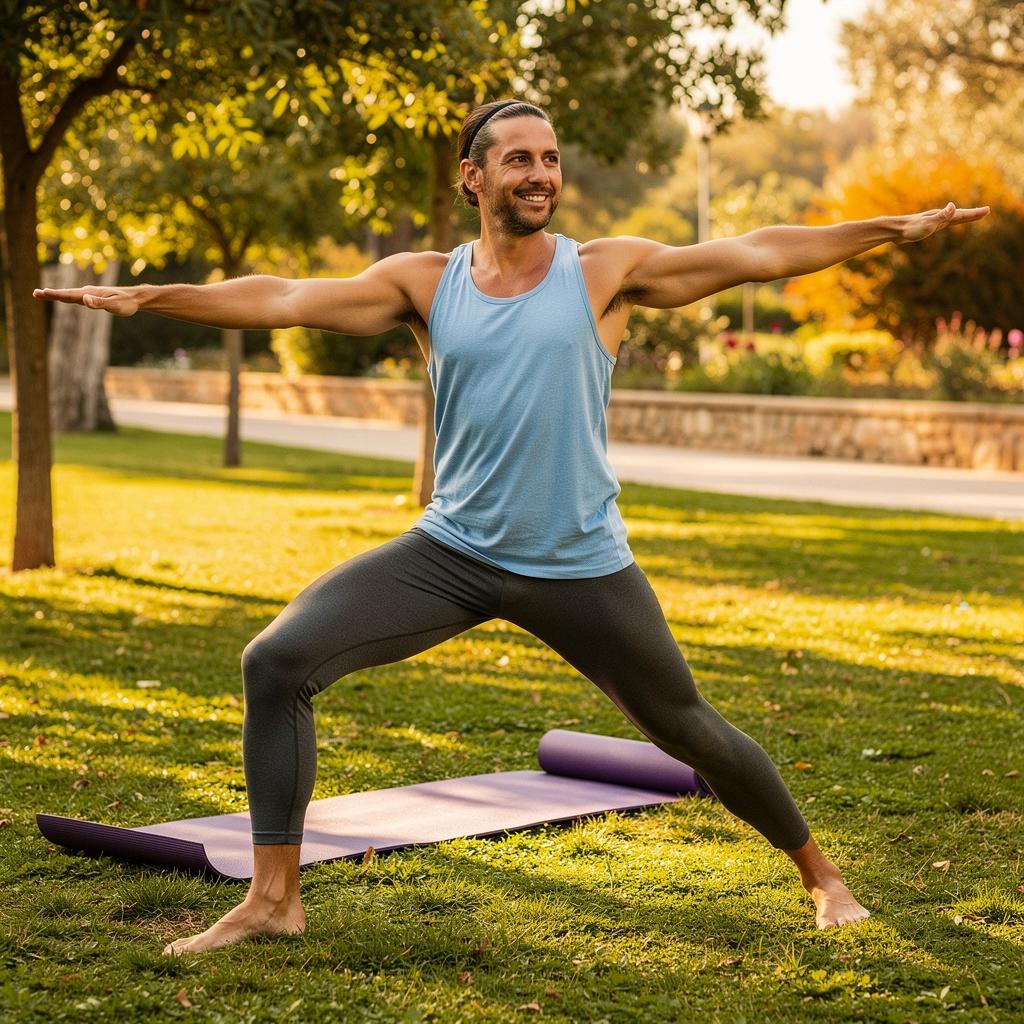 Instructor de yoga guiando a los alumnos en una serie de movimientos para mejorar la fuerza de las piernas.